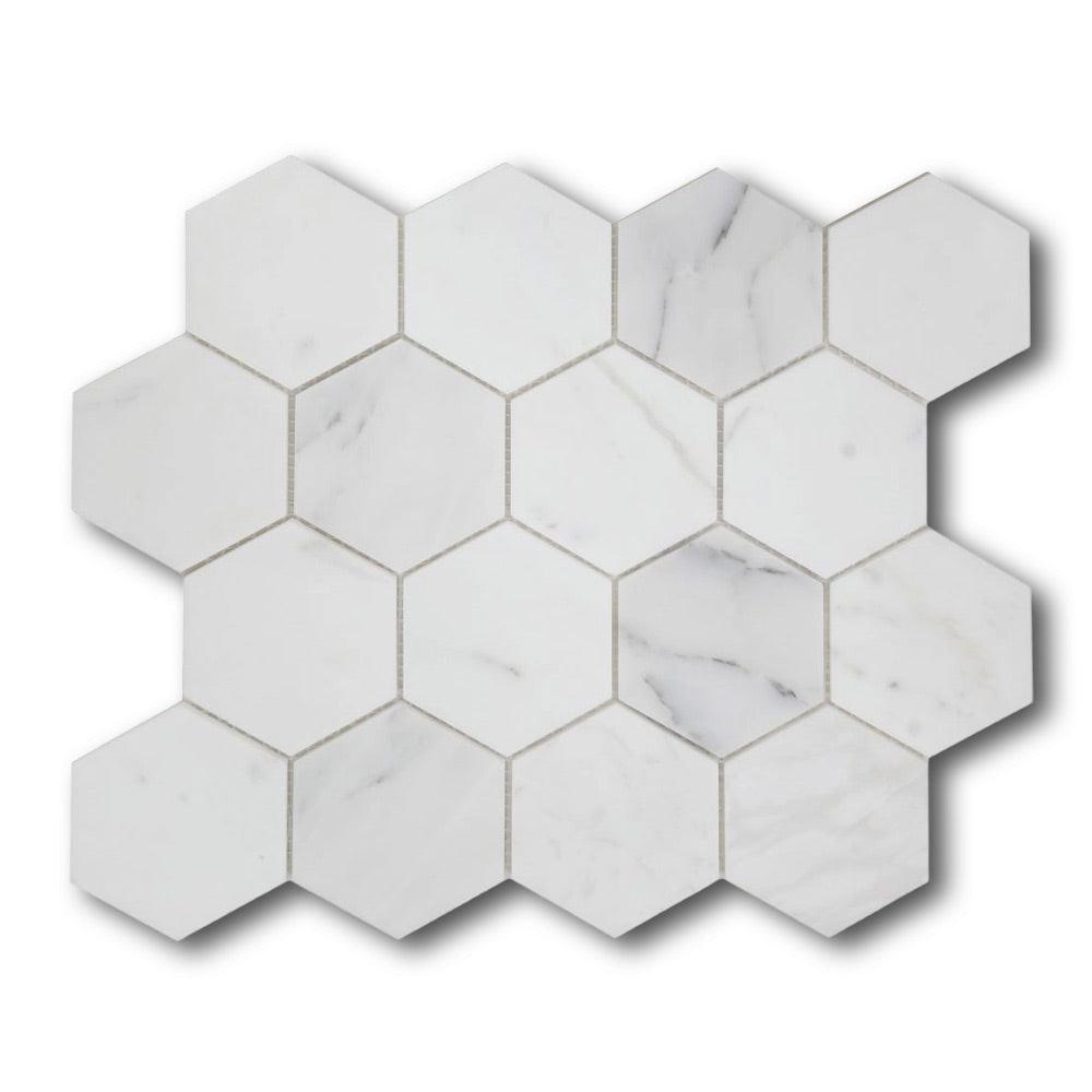 3" Beehive Calacatta White Honed Hexagon Marble Mosaic Tile 3" Beehive Calacatta White Honed Hexagon Marble Mosaic Tile - American Tile Depot