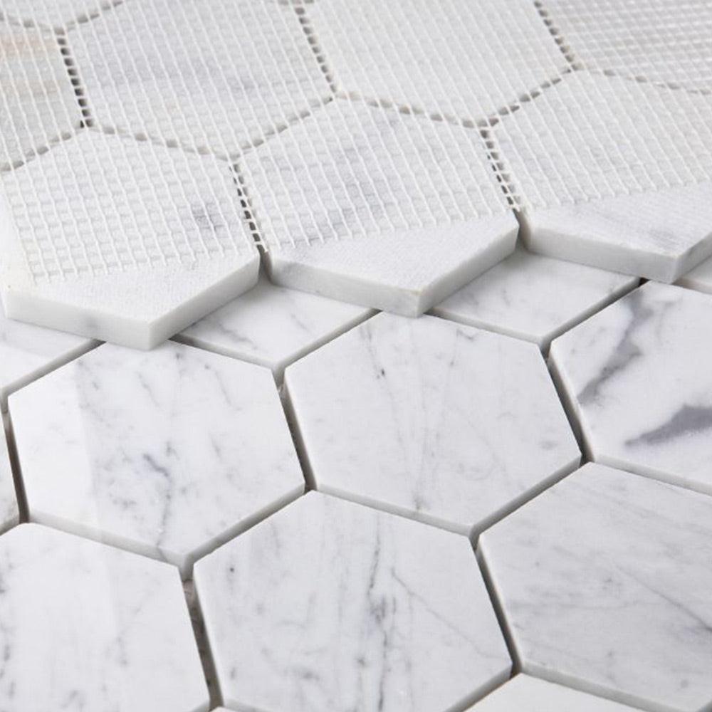 3" Beehive Carrara Polished Hexagon Marble Mosaic Tile 3" Beehive Carrara Polished Hexagon Marble Mosaic Tile - American Tile Depot