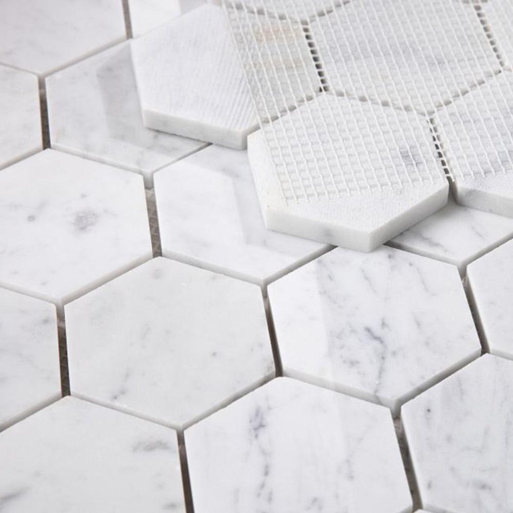3" Beehive Carrara Polished Hexagon Marble Mosaic Tile 3" Beehive Carrara Polished Hexagon Marble Mosaic Tile - American Tile Depot