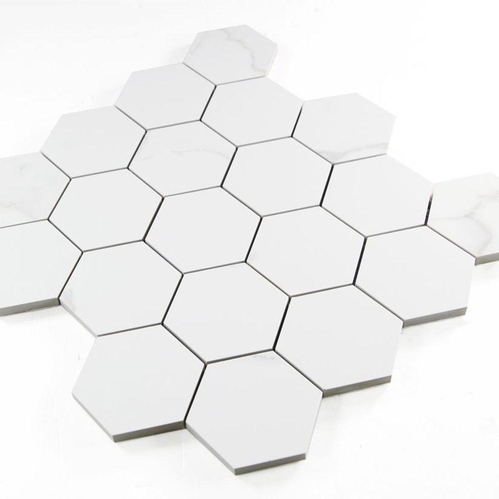 3" Borneo Calacatta Dorado Matte Hexagon Marble Laminated Porcelain Mosaic Tile 3" Borneo Calacatta Dorado Matte Hexagon Marble Laminated Porcelain Mosaic Tile - American Tile Depot