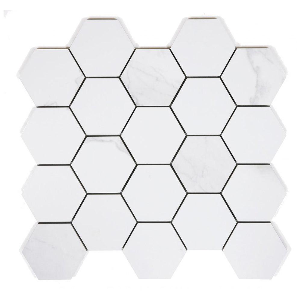 3" Borneo Calacatta Dorado Matte Hexagon Marble Laminated Porcelain Mosaic Tile 3" Borneo Calacatta Dorado Matte Hexagon Marble Laminated Porcelain Mosaic Tile - American Tile Depot