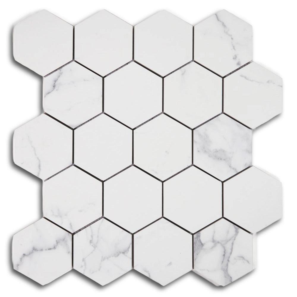 3" Borneo Carrara Pre Matte Hexagon Marble Laminated Porcelain Mosaic Tile 3" Borneo Carrara Pre Matte Hexagon Marble Laminated Porcelain Mosaic Tile - American Tile Depot