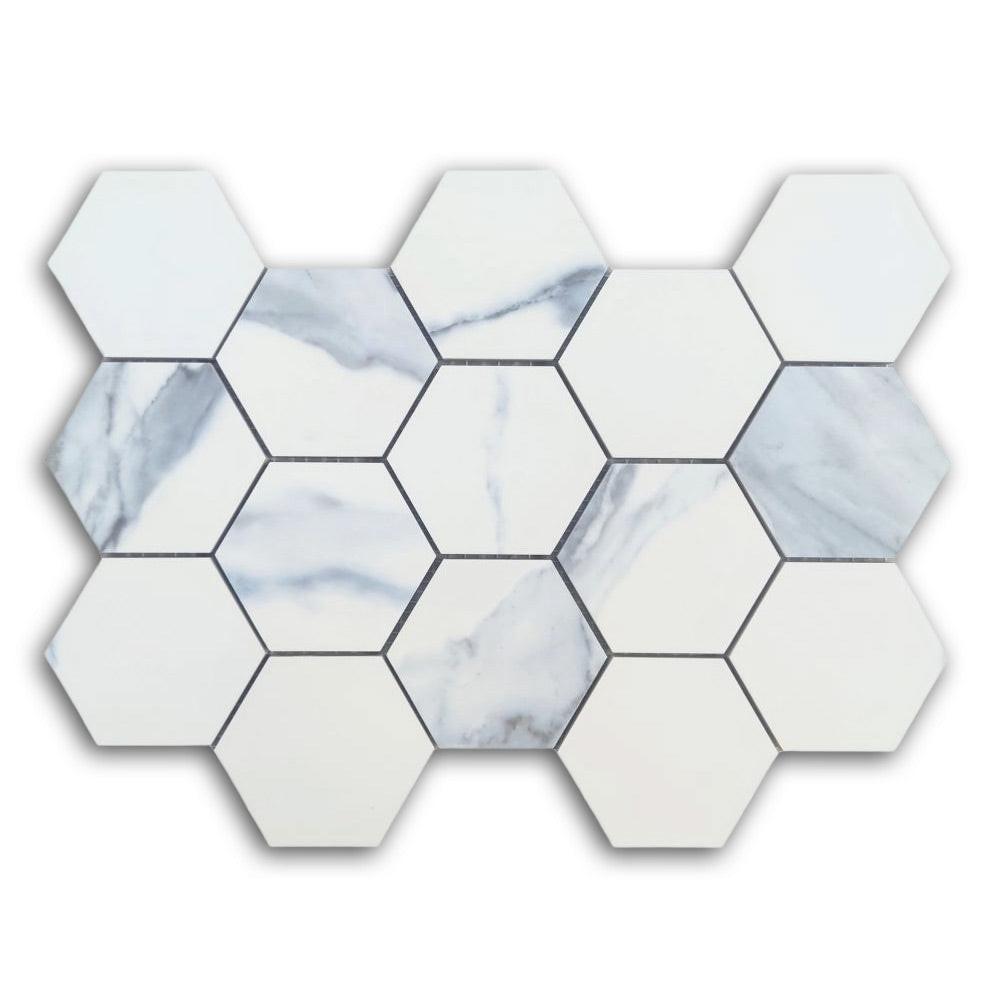 3" Calacatta Blue Matte Hexagon Porcelain Mosaic Tile 3" Calacatta Blue Matte Hexagon Porcelain Mosaic Tile - American Tile Depot