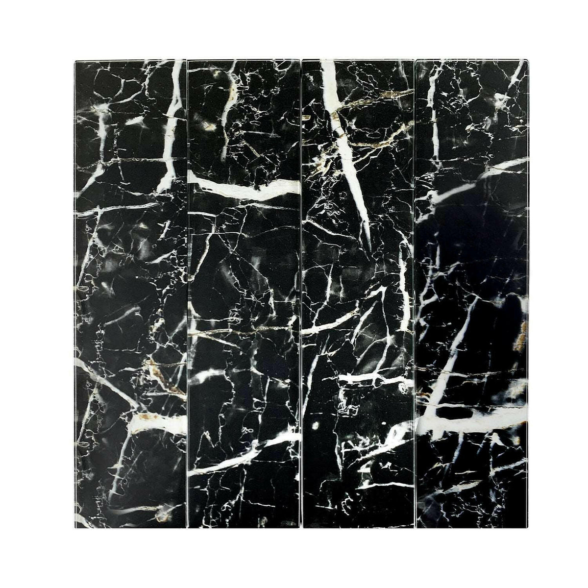 3x12 Black Marquina Marble Look Glass Subway Tile - American Tile Depot
