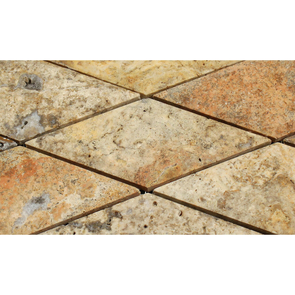 3x6 Scabos Travertine Diamond / Rhomboid Honed & Beveled Mosaic Tile 3x6 Scabos Travertine Diamond / Rhomboid Honed & Beveled Mosaic Tile - American Tile Depot