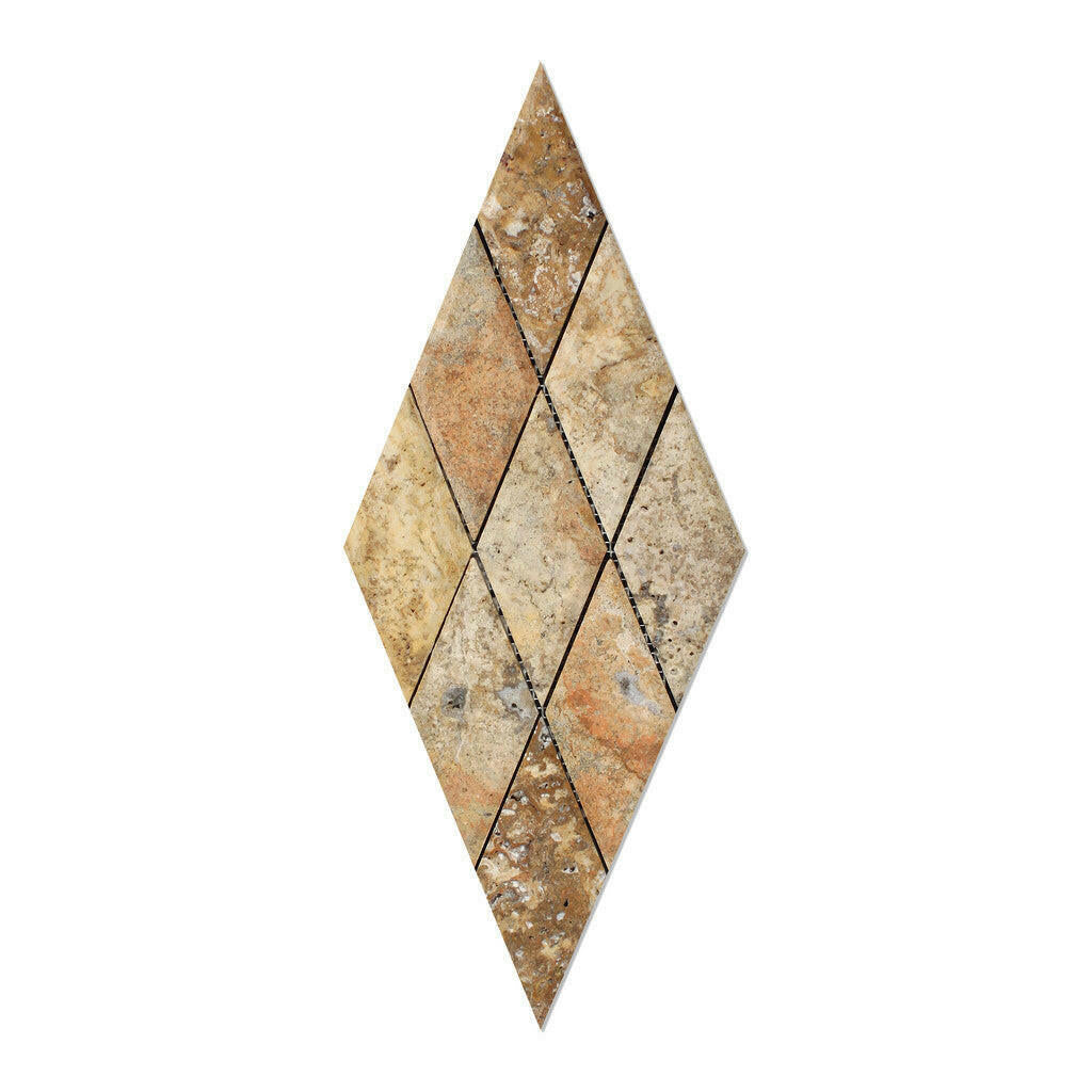 3x6 Scabos Travertine Diamond / Rhomboid Honed & Beveled Mosaic Tile 3x6 Scabos Travertine Diamond / Rhomboid Honed & Beveled Mosaic Tile - American Tile Depot