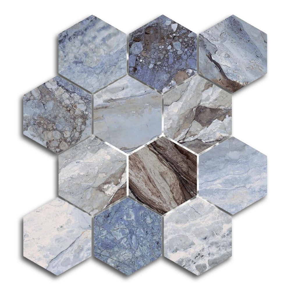 4" Mirage Ocean Polished Hexagon Porcelain Mosaic Tile