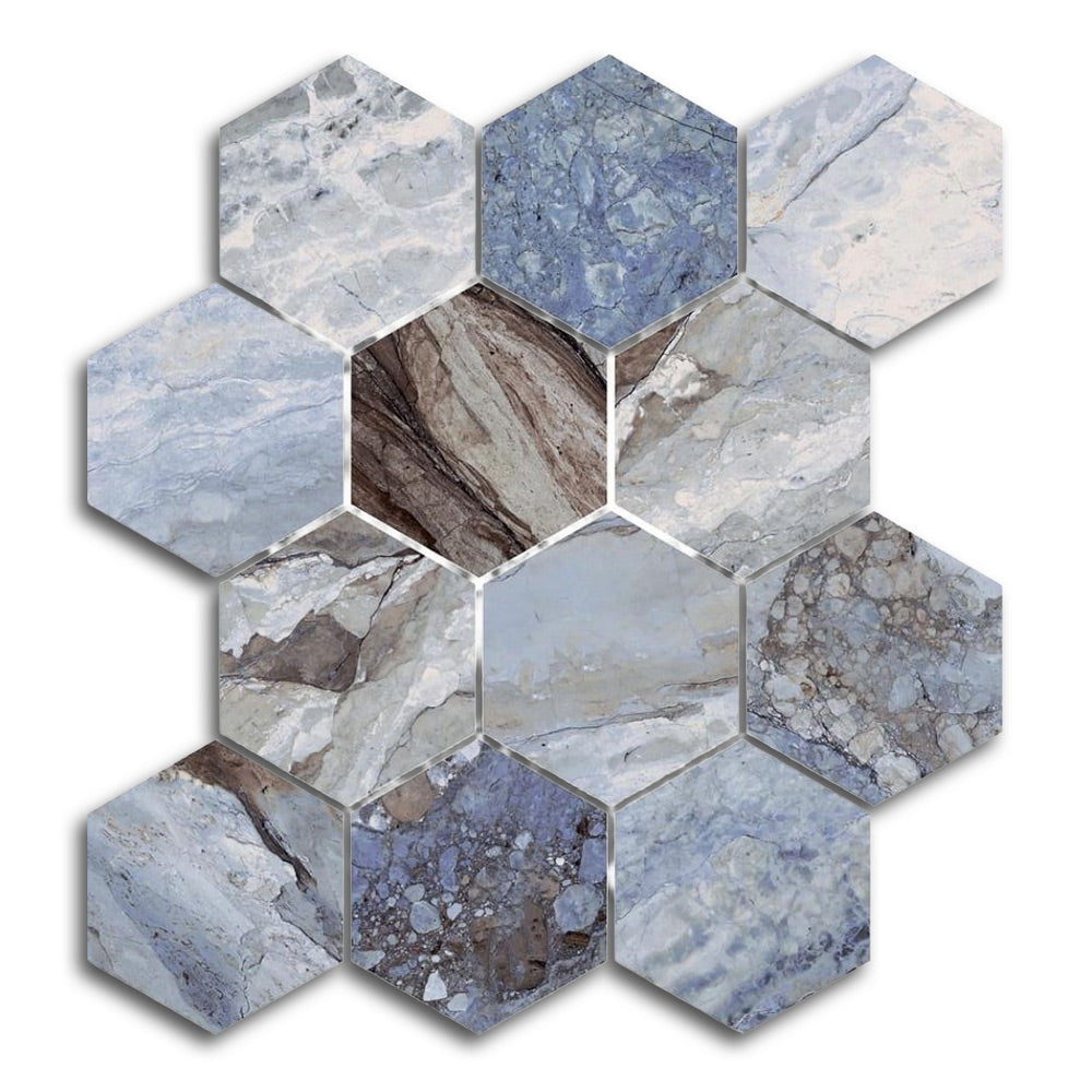 4" Mirage Ocean Polished Hexagon Porcelain Mosaic Tile