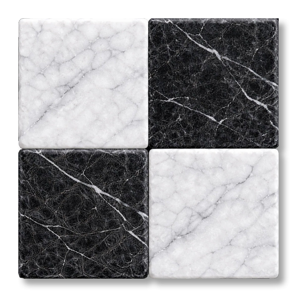 4x4 Checkerboard Tile - Black Marquina & Carrara White Tumbled Marble - American Tile Depot