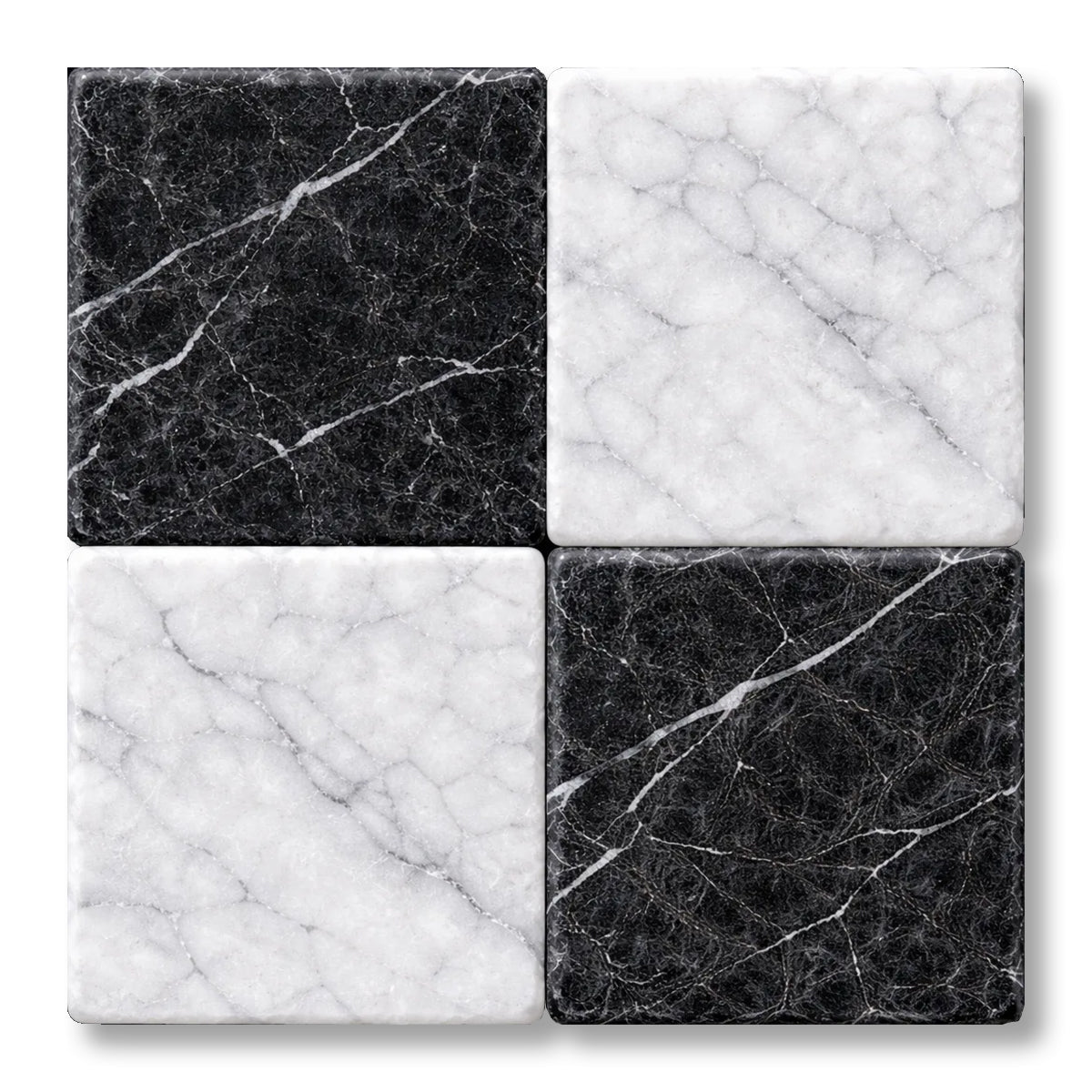6x6 Checkerboard Tile - Black Marquina & Carrara White Tumbled Marble - American Tile Depot