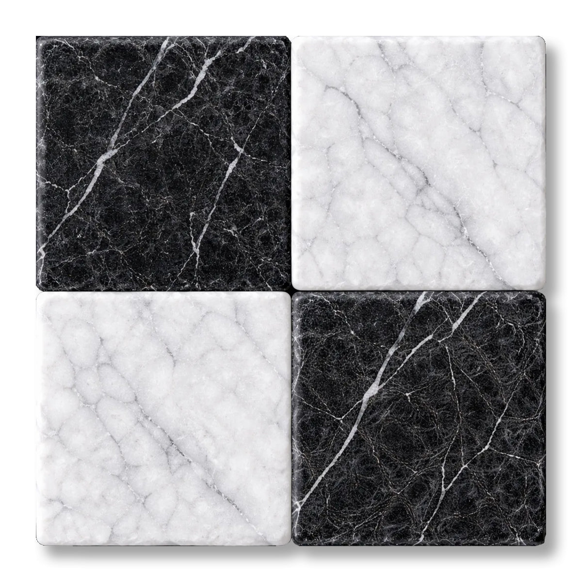 6x6 Checkerboard Tile - Black Marquina & Carrara White Tumbled Marble - American Tile Depot