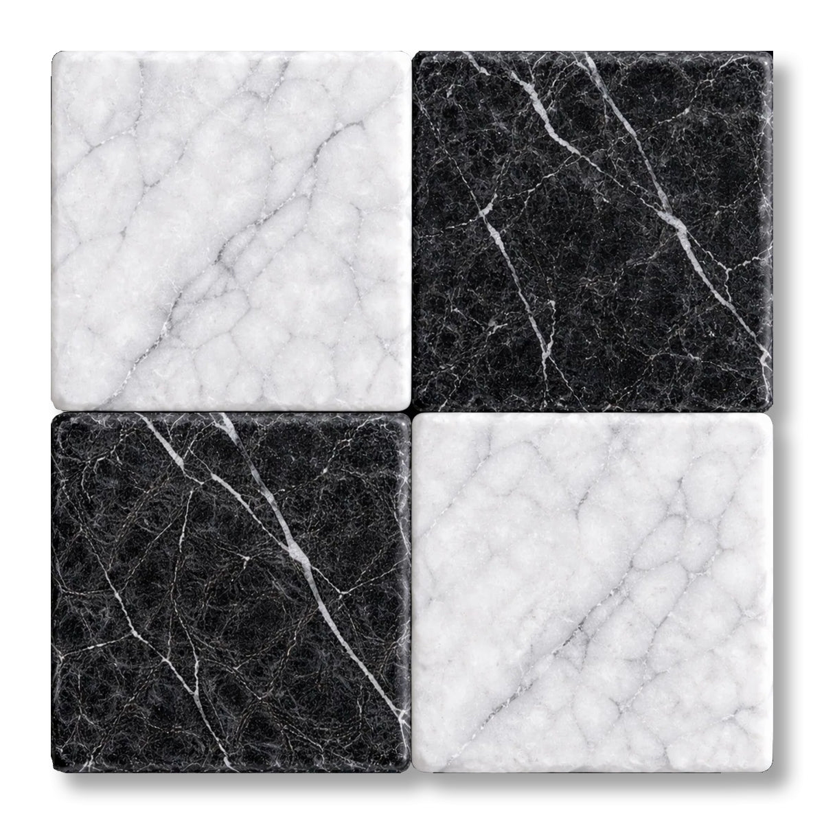4x4 Checkerboard Tile - Black Marquina & Carrara White Tumbled Marble - American Tile Depot