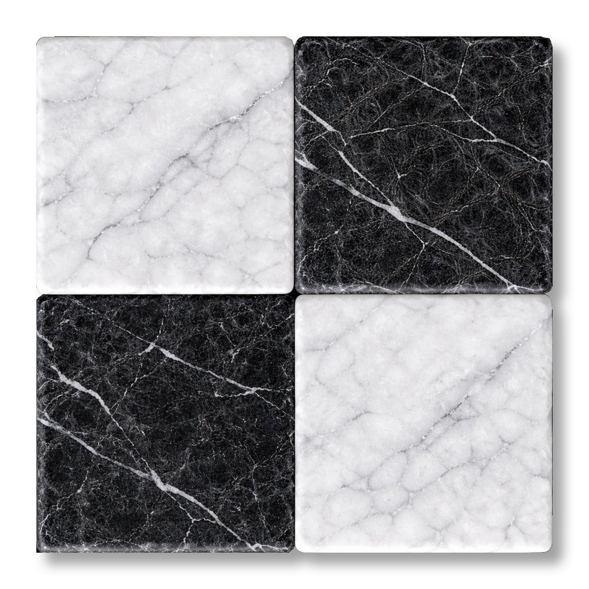4x4 Checkerboard Tile - Black Marquina & Carrara White Tumbled Marble - American Tile Depot