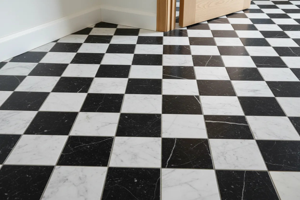 4x4 Checkerboard Tile - Black Marquina & Carrara White Tumbled Marble 4x4 Checkerboard Tile - Black Marquina & Carrara White Tumbled Marble - American Tile Depot