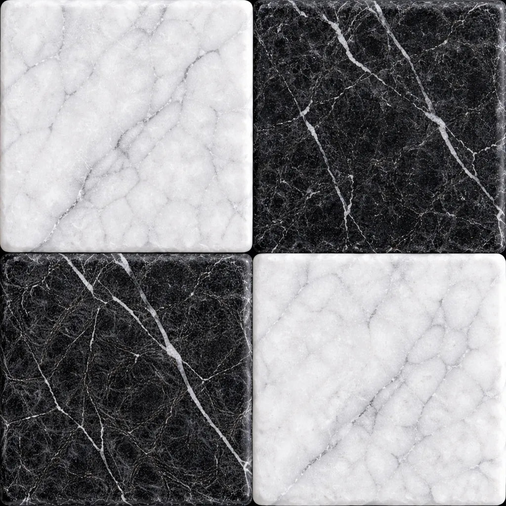 4x4 Checkerboard Tile - Black Marquina & Carrara White Tumbled Marble 4x4 Checkerboard Tile - Black Marquina & Carrara White Tumbled Marble - American Tile Depot