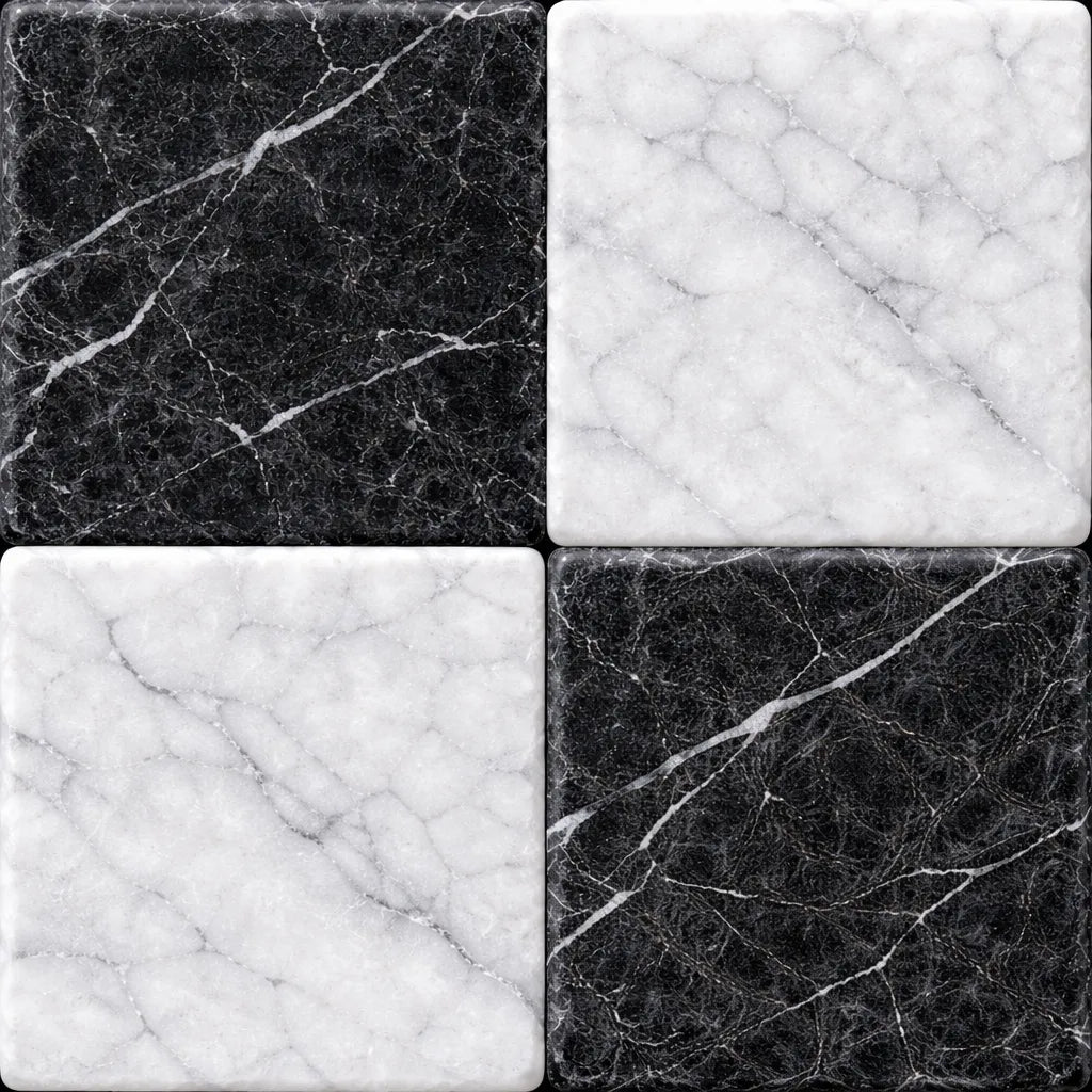 4x4 Checkerboard Tile - Black Marquina & Carrara White Tumbled Marble 4x4 Checkerboard Tile - Black Marquina & Carrara White Tumbled Marble - American Tile Depot