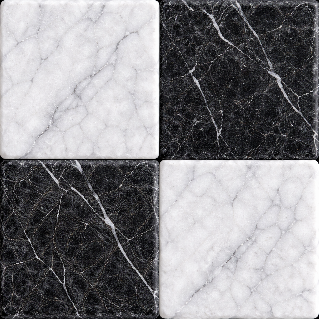 4x4 Checkerboard Tile - Black Marquina & Carrara White Tumbled Marble - American Tile Depot