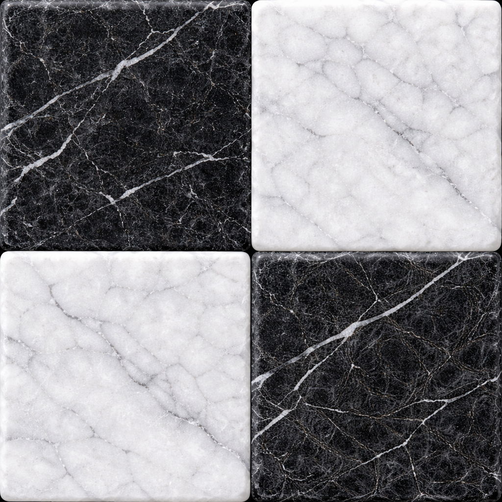 4x4 Checkerboard Tile - Black Marquina & Carrara White Tumbled Marble - American Tile Depot