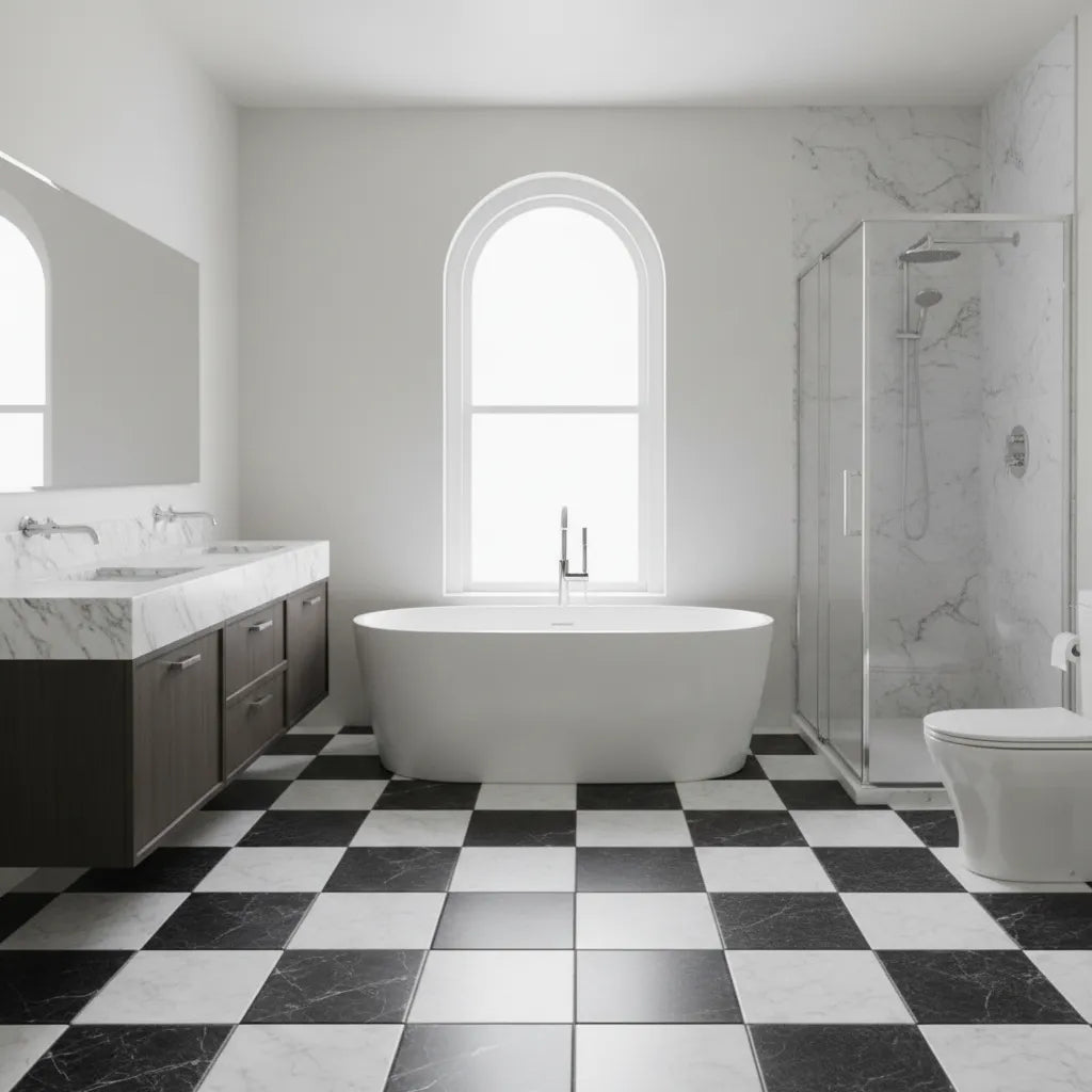 6x6 Checkerboard Tile - Black Marquina & Carrara White Tumbled Marble 6x6 Checkerboard Tile - Black Marquina & Carrara White Tumbled Marble - American Tile Depot