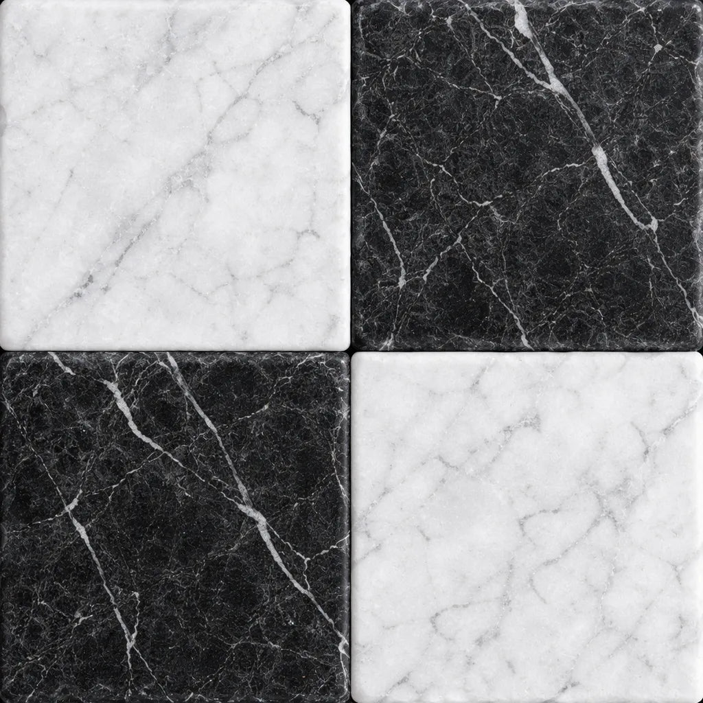6x6 Checkerboard Tile - Black Marquina & Carrara White Tumbled Marble 6x6 Checkerboard Tile - Black Marquina & Carrara White Tumbled Marble - American Tile Depot