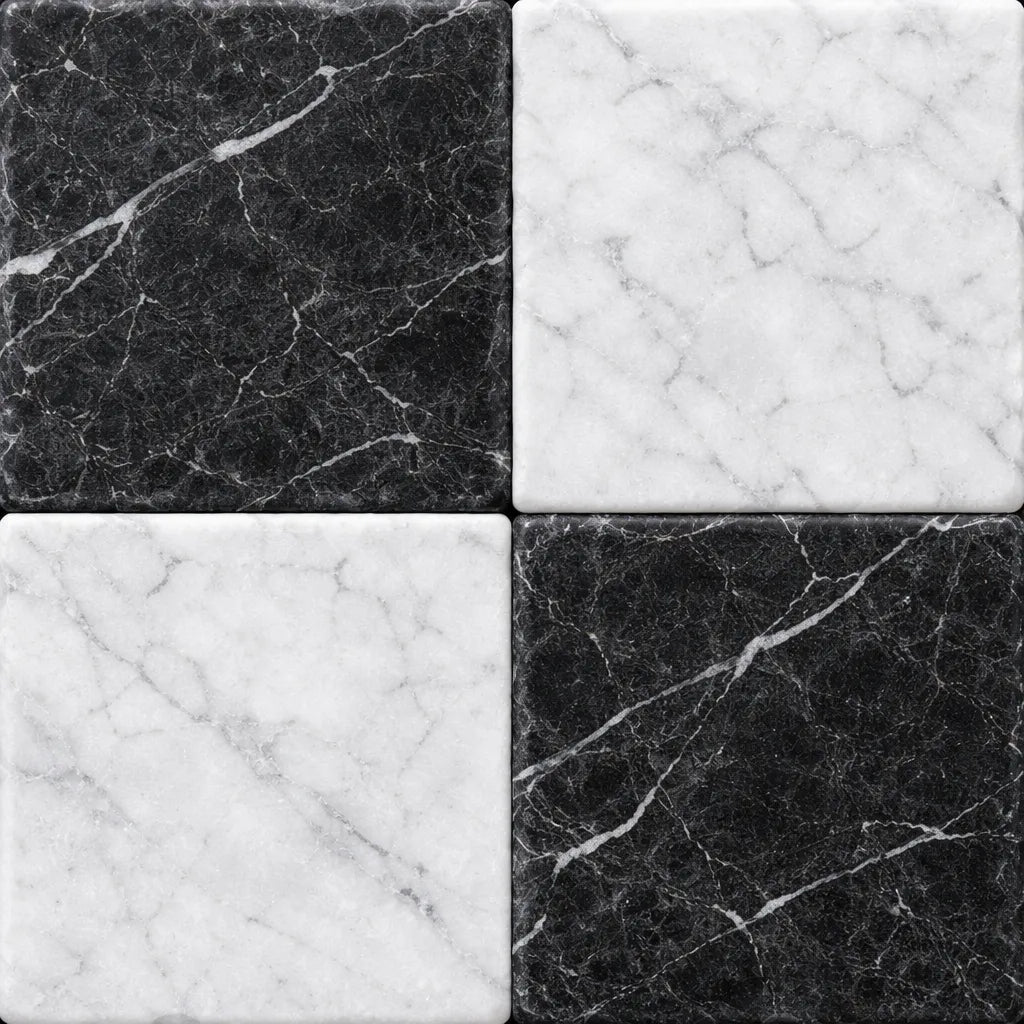 6x6 Checkerboard Tile - Black Marquina & Carrara White Tumbled Marble 6x6 Checkerboard Tile - Black Marquina & Carrara White Tumbled Marble - American Tile Depot