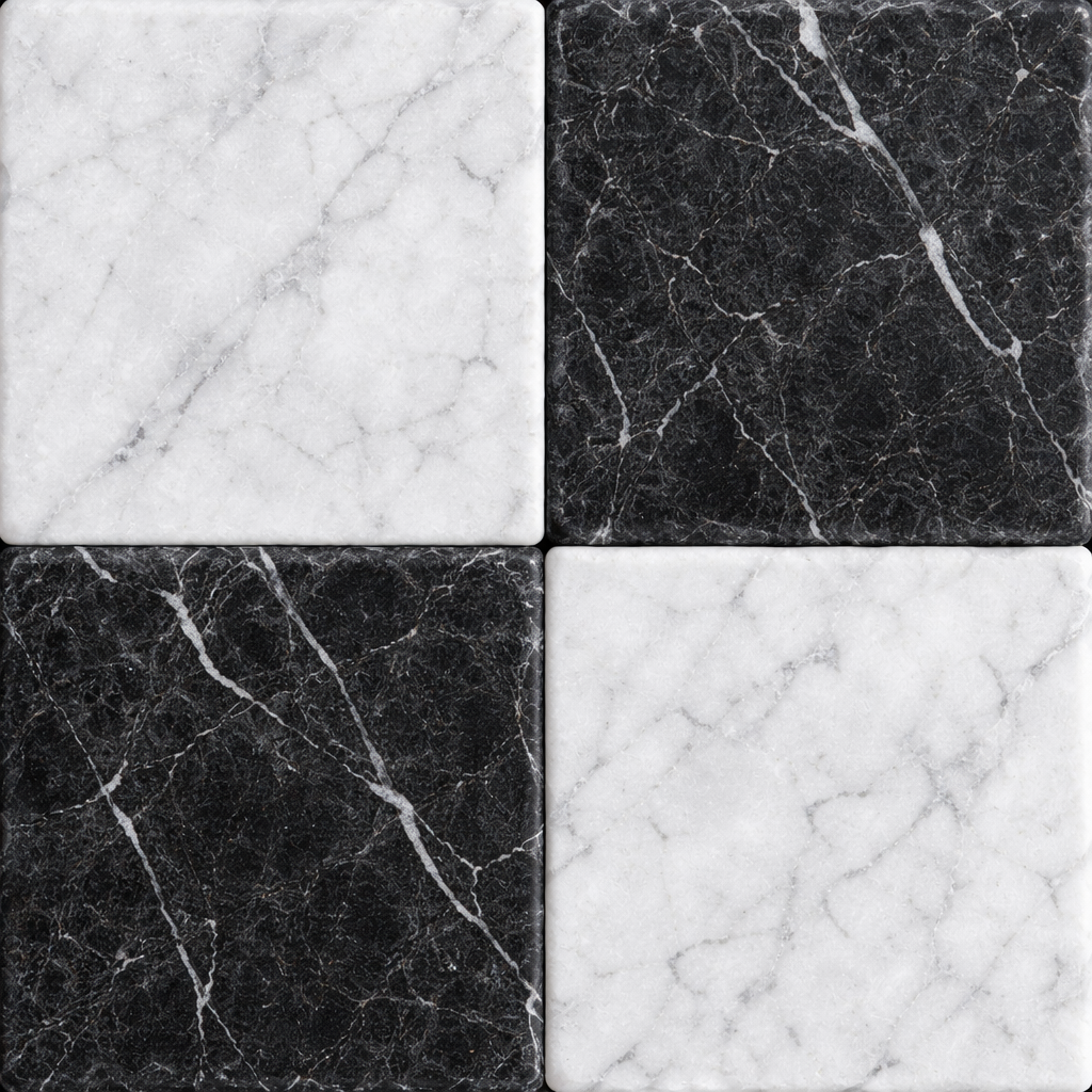 6x6 Checkerboard Tile - Black Marquina & Carrara White Tumbled Marble - American Tile Depot