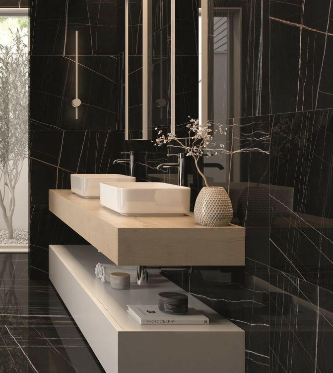 48x48 Noir Black Polished Marble Look Porcelain Tile-American Tile Depot