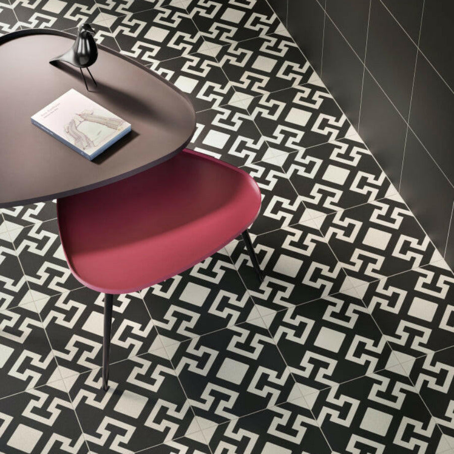 8x8 Scorvex Charonne Nero Matte Deco Porcelain Tile 8x8 Scorvex Charonne Nero Matte Deco Porcelain Tile - American Tile Depot