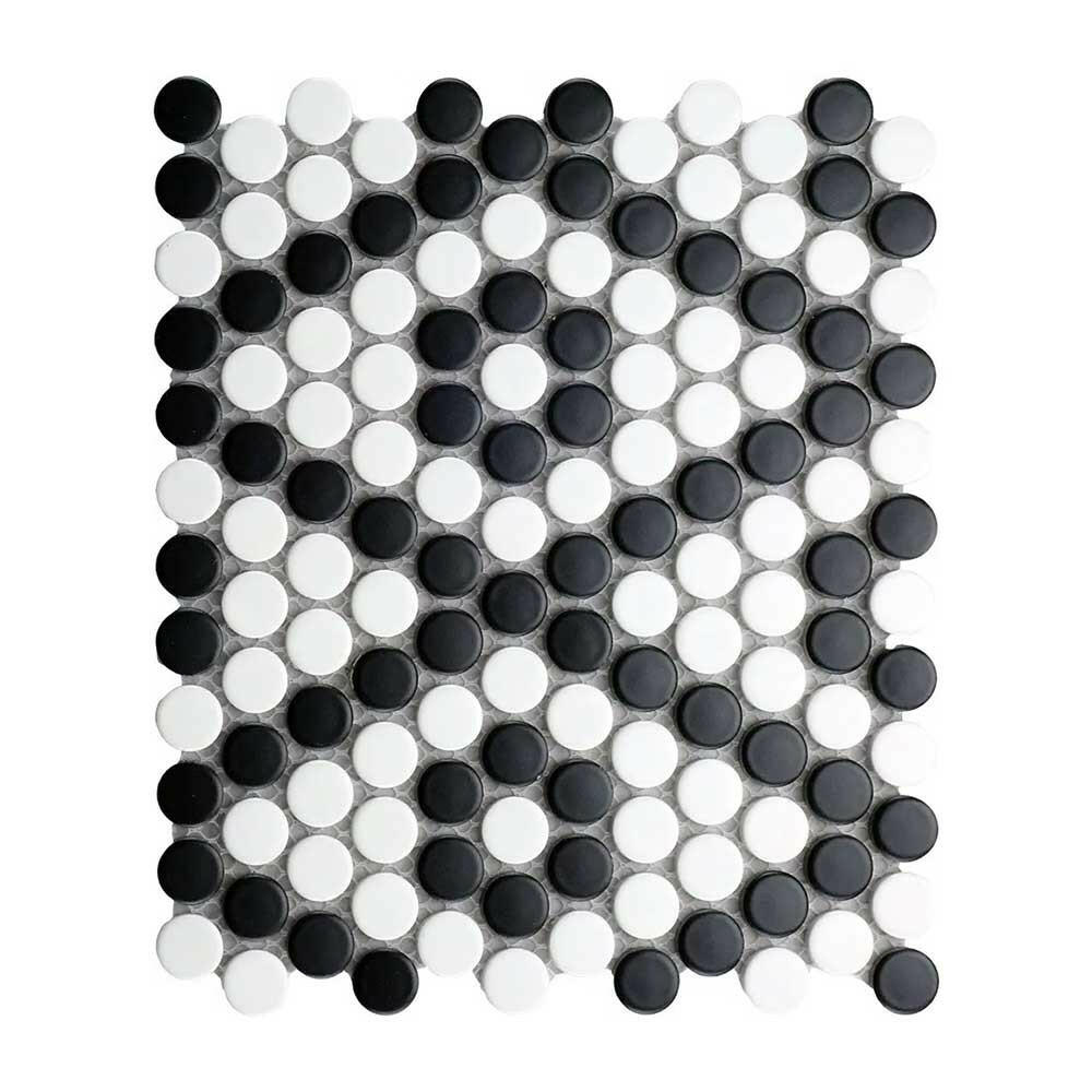 Array Black & White Porcelain Matte Penny Round Mosaic Tile Array Black & White Porcelain Matte Penny Round Mosaic Tile - American Tile Depot