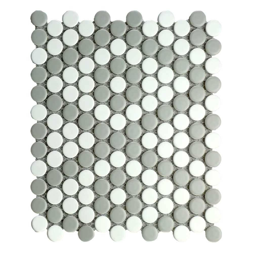 Array Gray & White Porcelain Matte Penny Round Mosaic Tile Array Gray & White Porcelain Matte Penny Round Mosaic Tile - American Tile Depot