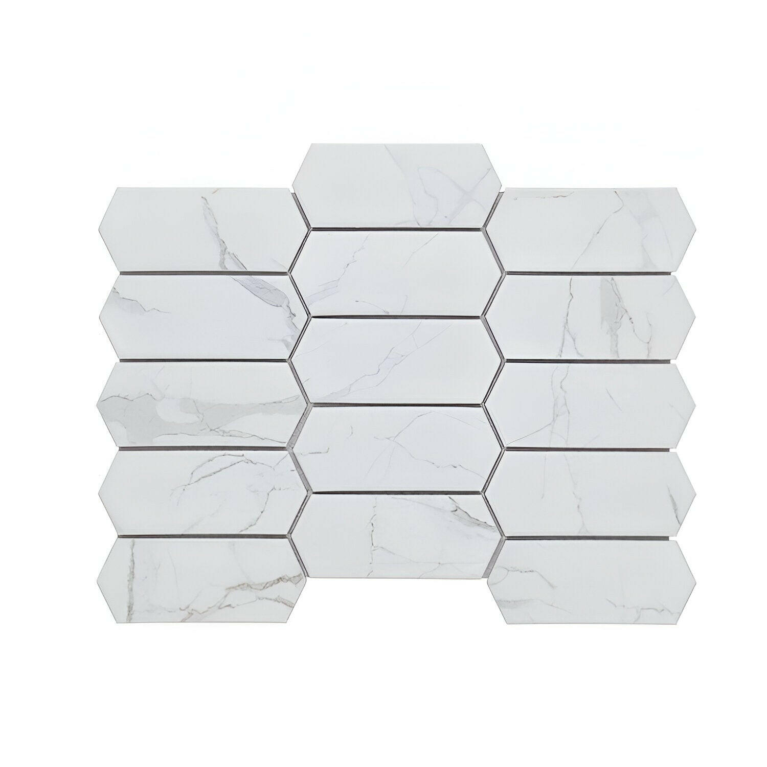 Arrow Picket Statuario Matte Elongated Hexagon Porcelain Mosaic Tile Arrow Picket Statuario Matte Elongated Hexagon Porcelain Mosaic Tile - American Tile Depot