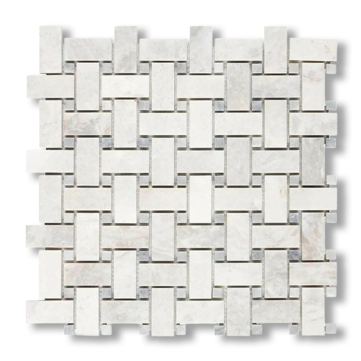 Bianco Congelato Dolomite Polished Basketweave Mosaic Tile w/ Blue-Gray Dots - American Tile Depot