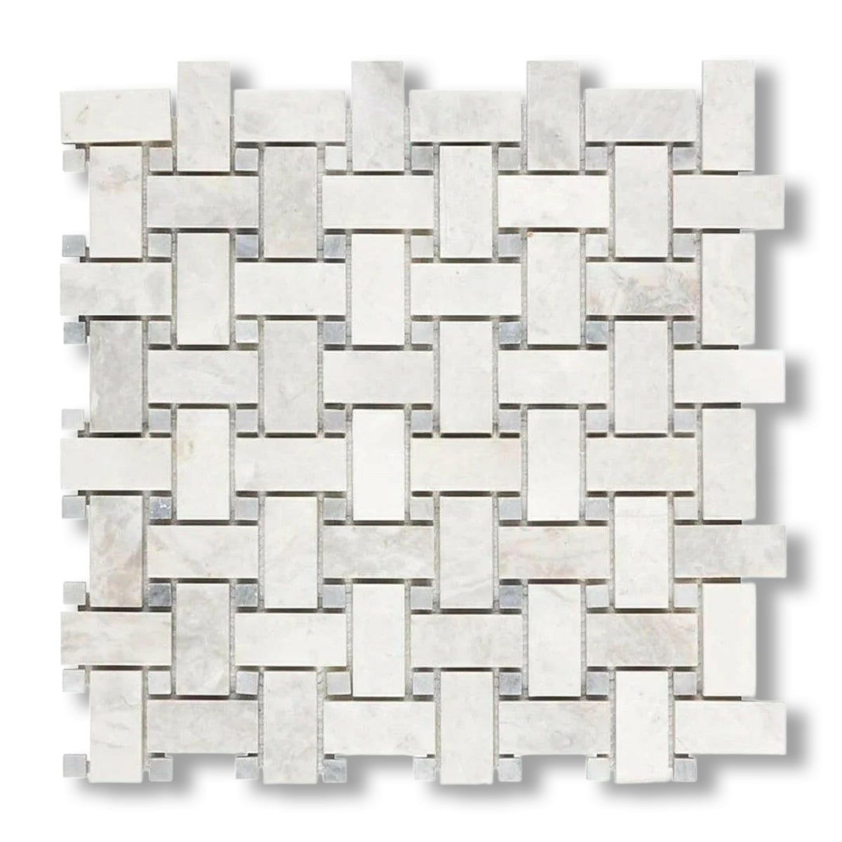 Bianco Congelato Dolomite Polished Basketweave Mosaic Tile w/ Blue-Gray Dots - American Tile Depot
