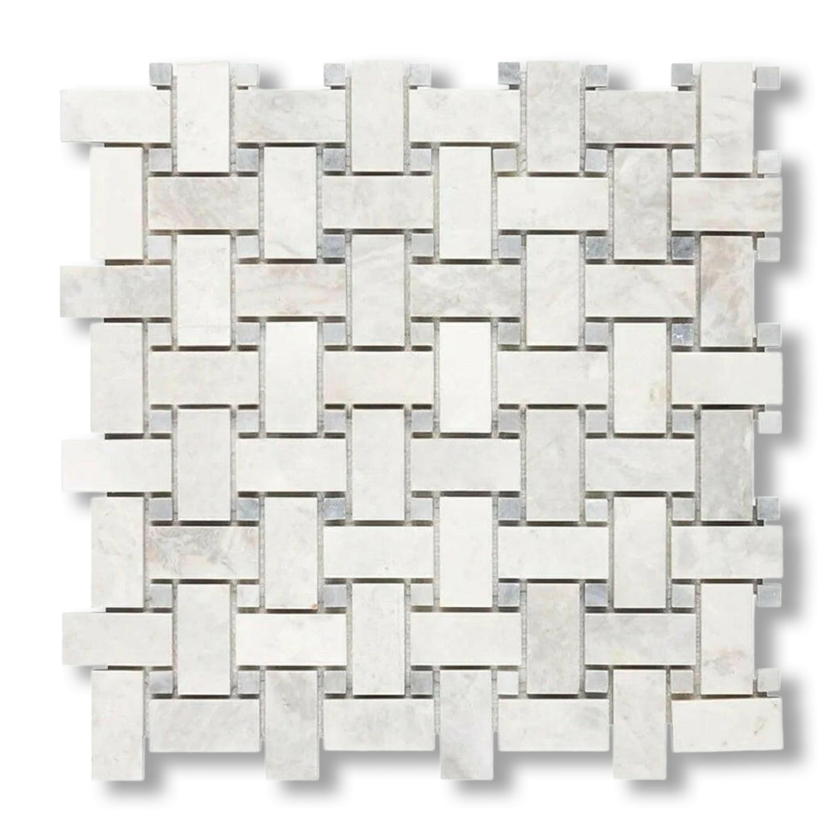 Bianco Congelato Dolomite Polished Basketweave Mosaic Tile w/ Blue-Gray Dots - American Tile Depot