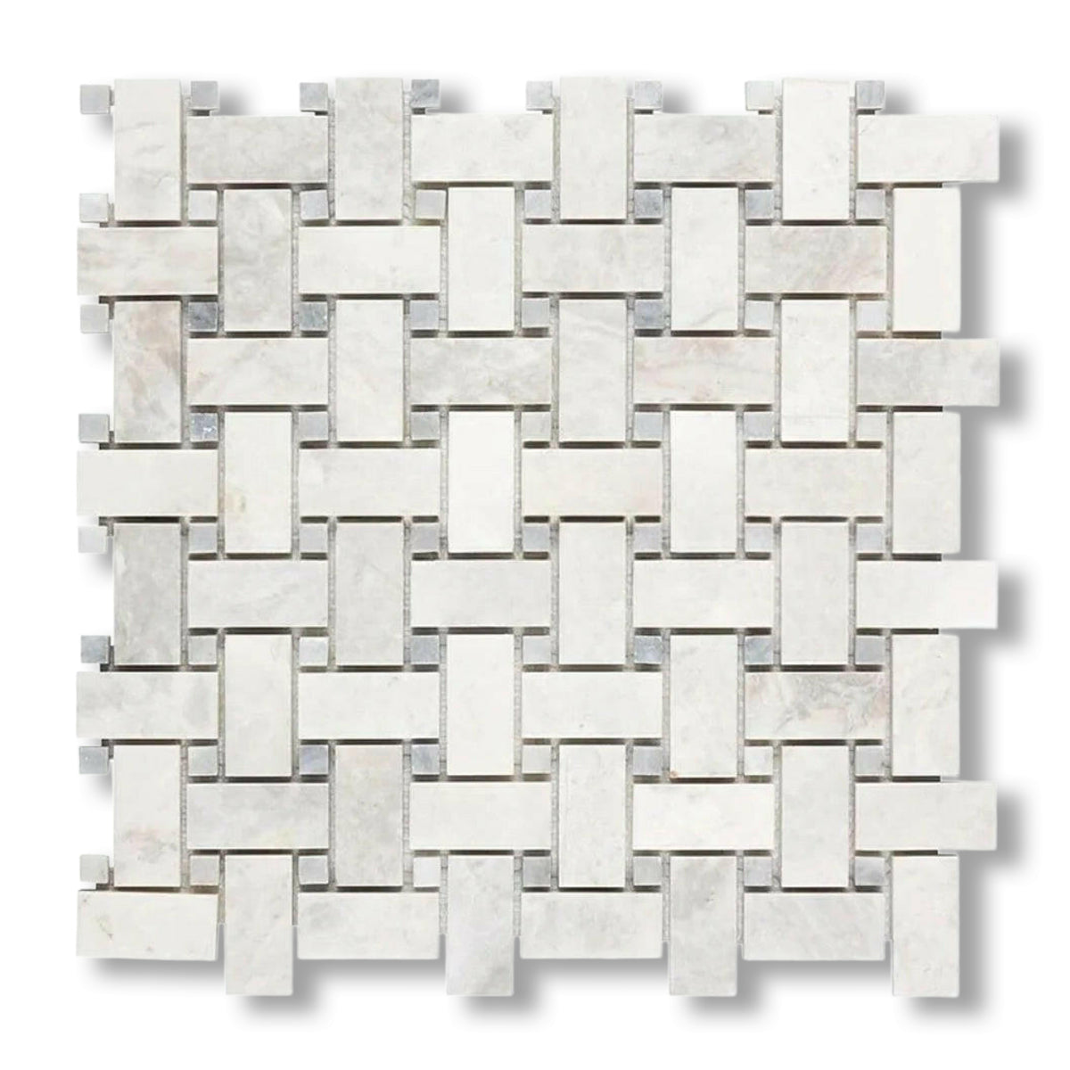 Bianco Congelato Dolomite Polished Basketweave Mosaic Tile w/ Blue-Gray Dots - American Tile Depot