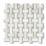 Bianco Congelato Dolomite Polished Basketweave Mosaic Tile w/ Blue-Gray Dots - American Tile Depot