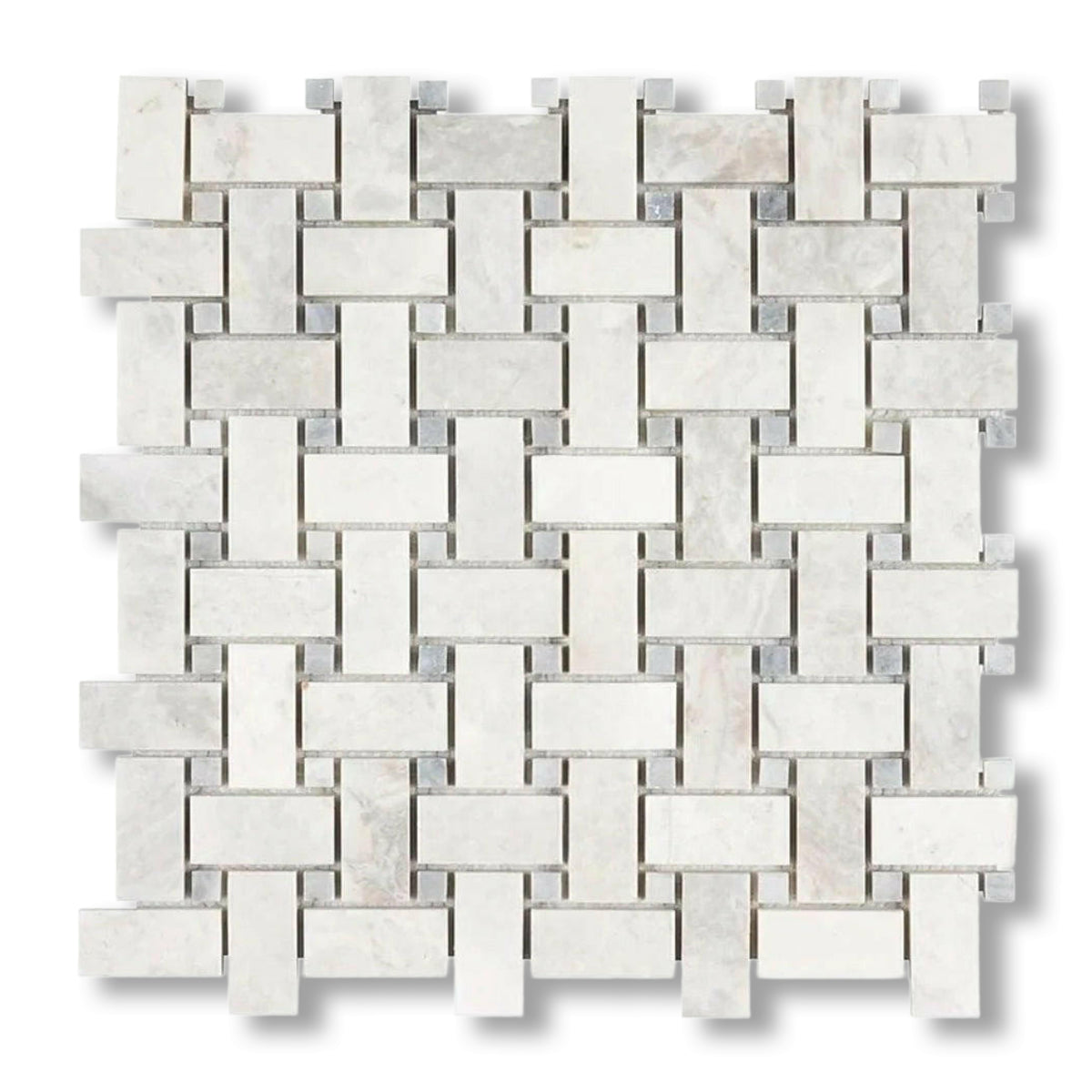 Bianco Congelato Dolomite Polished Basketweave Mosaic Tile w/ Blue-Gray Dots - American Tile Depot
