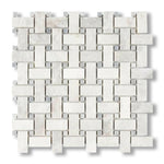 Bianco Congelato Dolomite Polished Basketweave Mosaic Tile w/ Blue-Gray Dots - American Tile Depot