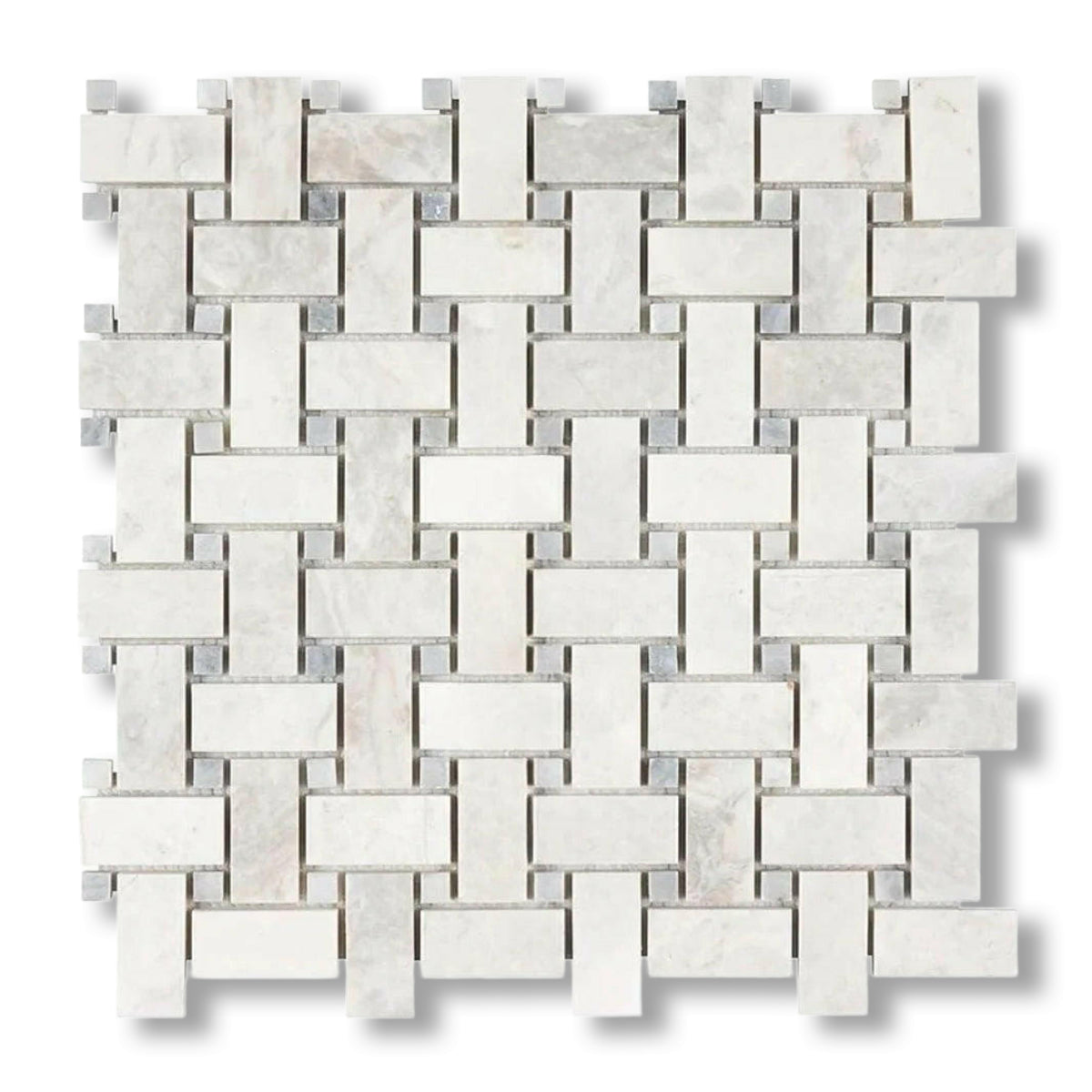 Bianco Congelato Dolomite Polished Basketweave Mosaic Tile w/ Blue-Gray Dots - American Tile Depot