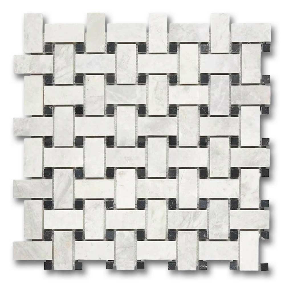 Bianco Congelato Dolomite Polished Basketweave Mosaic Tile w/ Black Dots