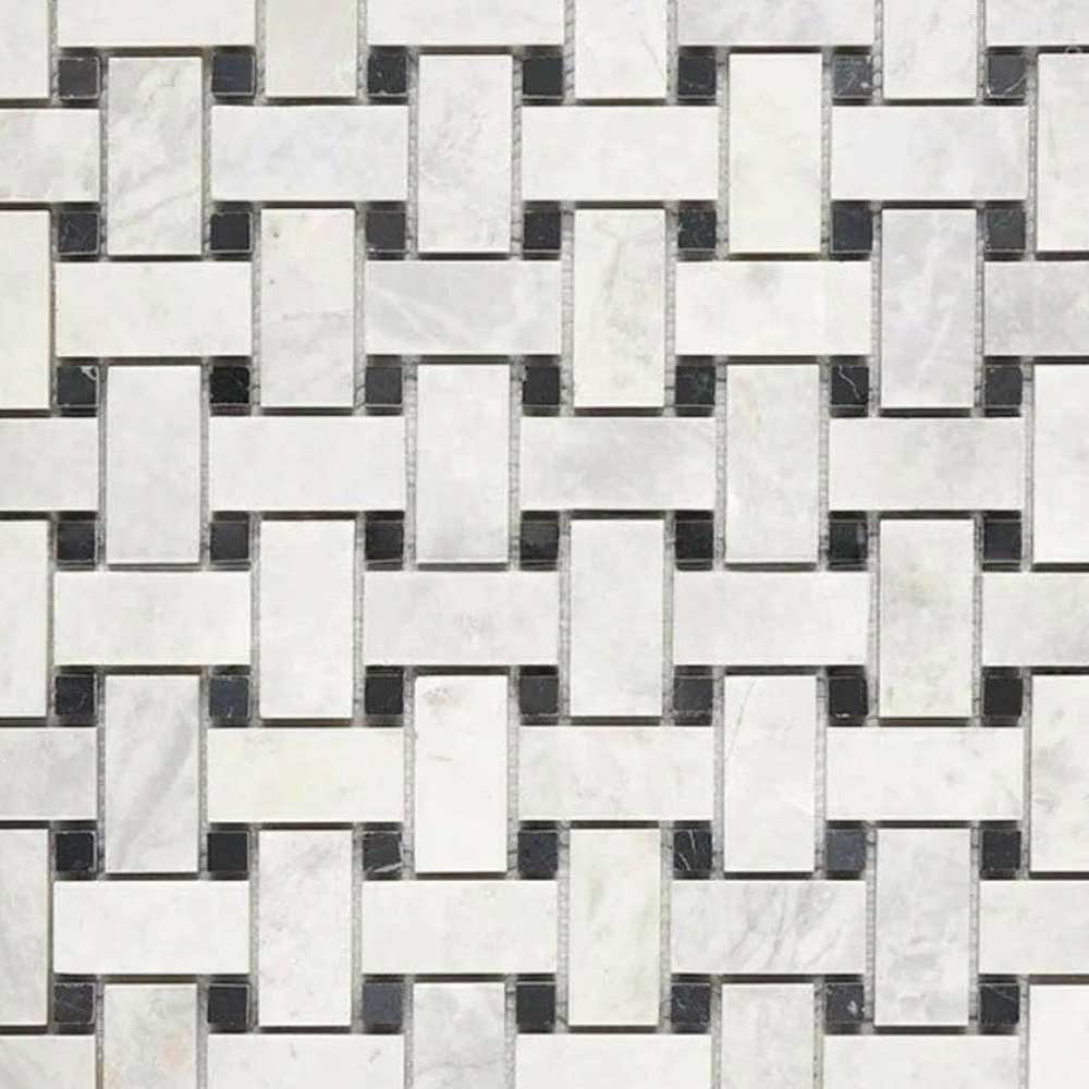 Bianco Congelato Dolomite Polished Basketweave Mosaic Tile w/ Black Dots