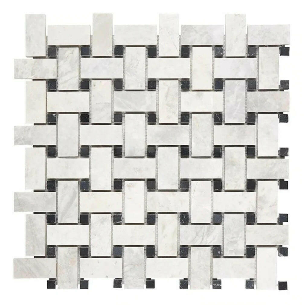 Bianco Congelato Dolomite Polished Basketweave Mosaic Tile w/ Black Dots Bianco Congelato Dolomite Polished Basketweave Mosaic Tile w/ Black Dots - American Tile Depot