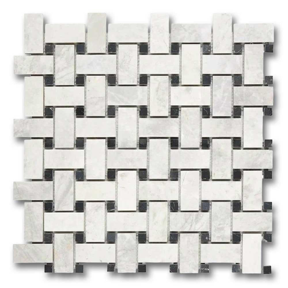 Bianco Congelato Dolomite Polished Basketweave Mosaic Tile w/ Black Dots Bianco Congelato Dolomite Polished Basketweave Mosaic Tile w/ Black Dots - American Tile Depot