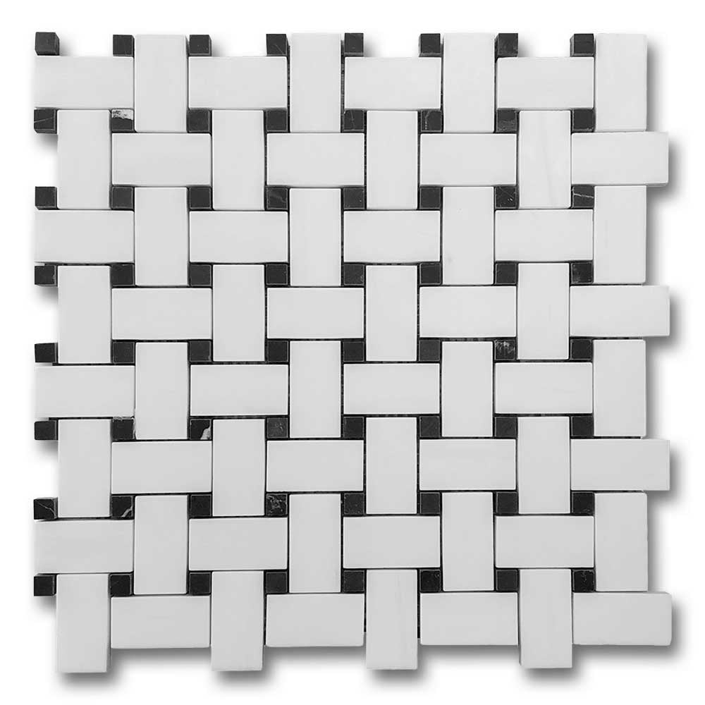 Bianco Dolomite Honed Basketweave Mosaic Tile w/ Black Dots