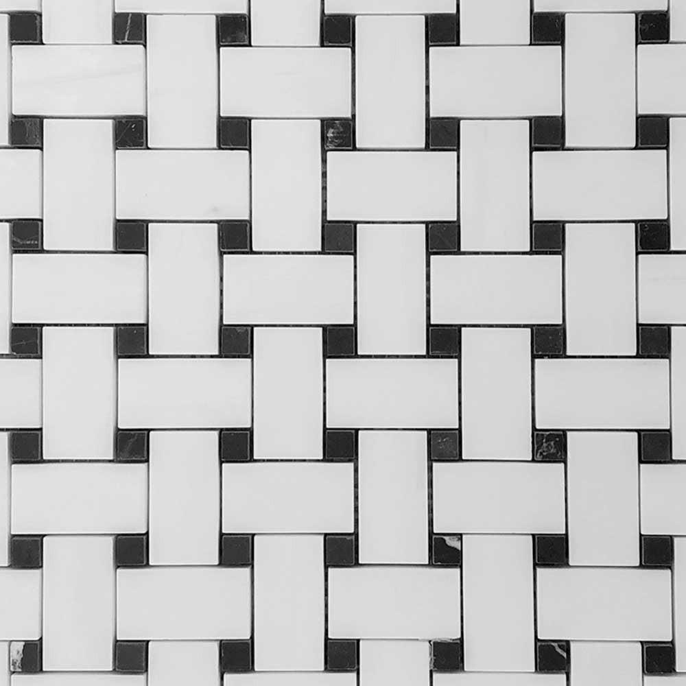 Bianco Dolomite Honed Basketweave Mosaic Tile w/ Black Dots Bianco Dolomite Honed Basketweave Mosaic Tile w/ Black Dots - American Tile Depot