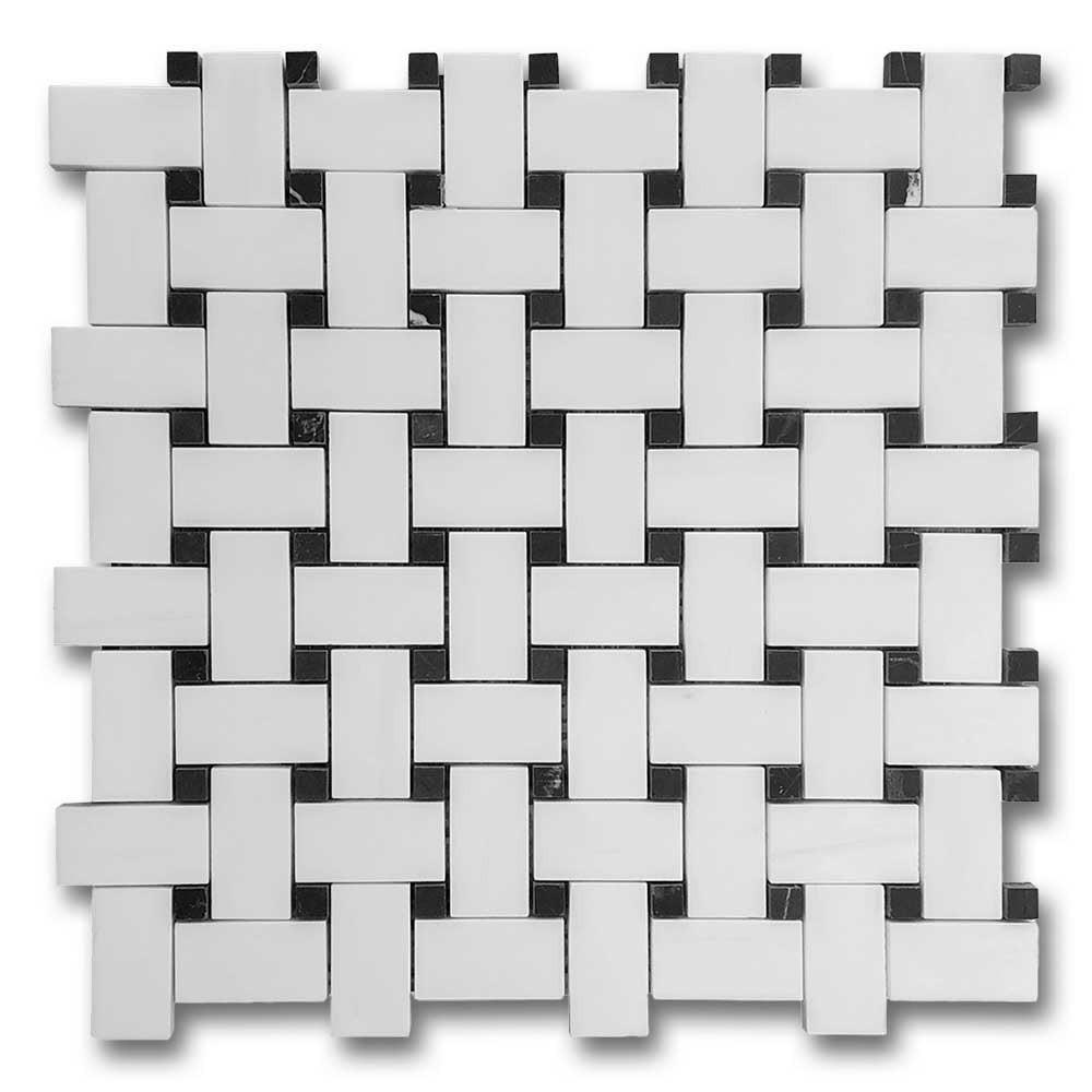Bianco Dolomite Honed Basketweave Mosaic Tile w/ Black Dots Bianco Dolomite Honed Basketweave Mosaic Tile w/ Black Dots - American Tile Depot