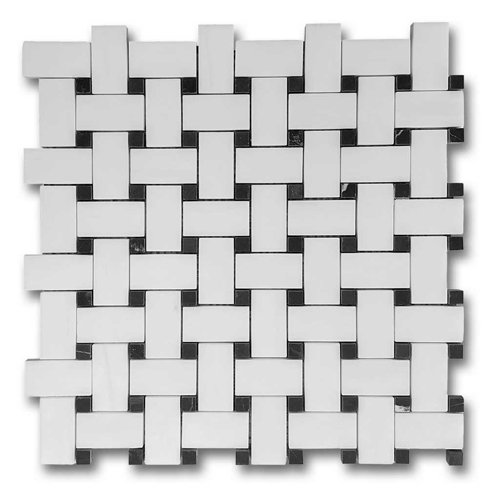 Bianco Dolomite Honed Basketweave Mosaic Tile w/ Black Dots Bianco Dolomite Honed Basketweave Mosaic Tile w/ Black Dots - American Tile Depot