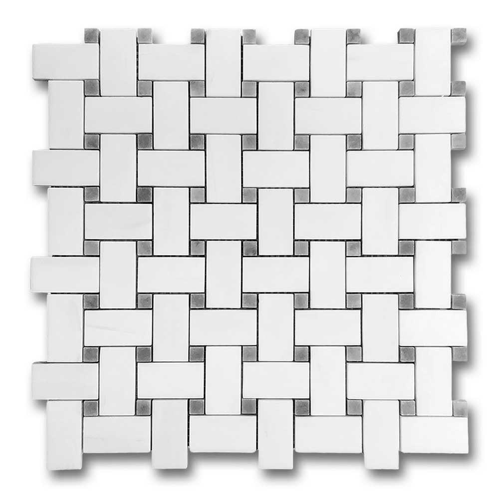 Bianco Dolomite Honed Basketweave Mosaic Tile w/ Blue-Gray Dots Bianco Dolomite Honed Basketweave Mosaic Tile w/ Blue-Gray Dots - American Tile Depot