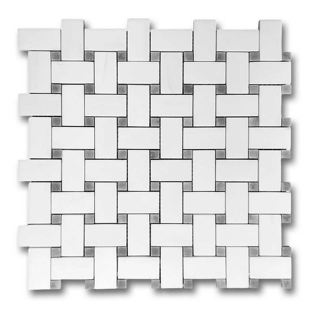 Bianco Dolomite Honed Basketweave Mosaic Tile w/ Blue-Gray Dots Bianco Dolomite Honed Basketweave Mosaic Tile w/ Blue-Gray Dots - American Tile Depot