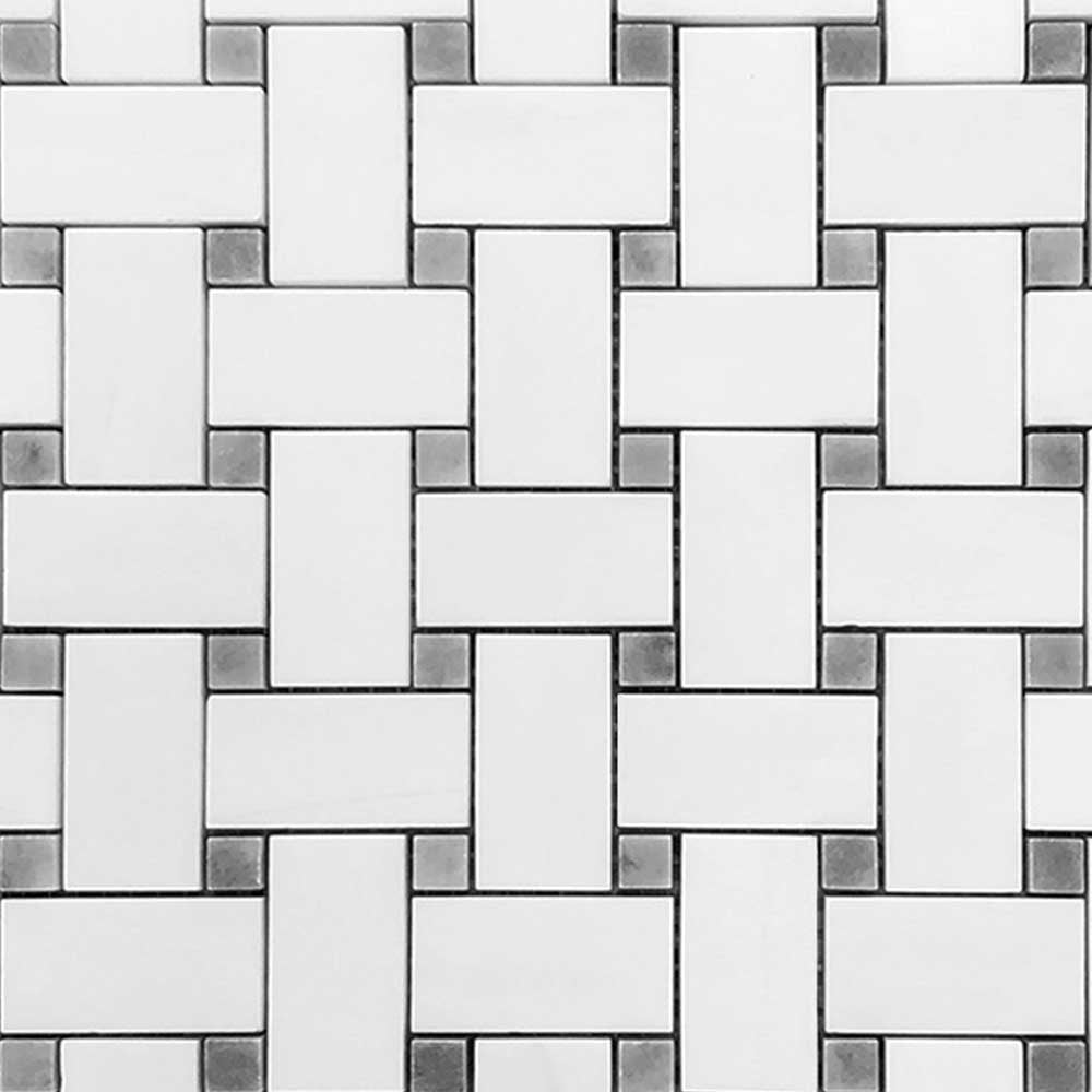 Bianco Dolomite Polished Basketweave Mosaic Tile w/ Blue-Gray Dots
